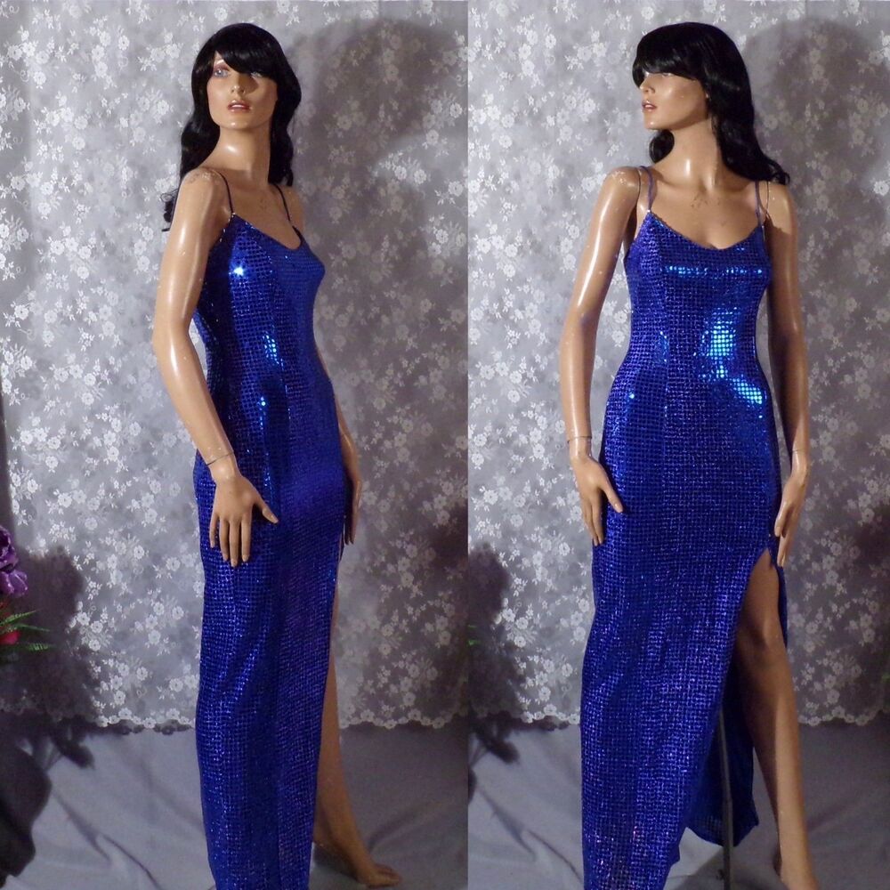 Vintage 90s Sequin Prom Dress Size XS 1990s Retro Blue Glam Y2K Homecoming Maxi